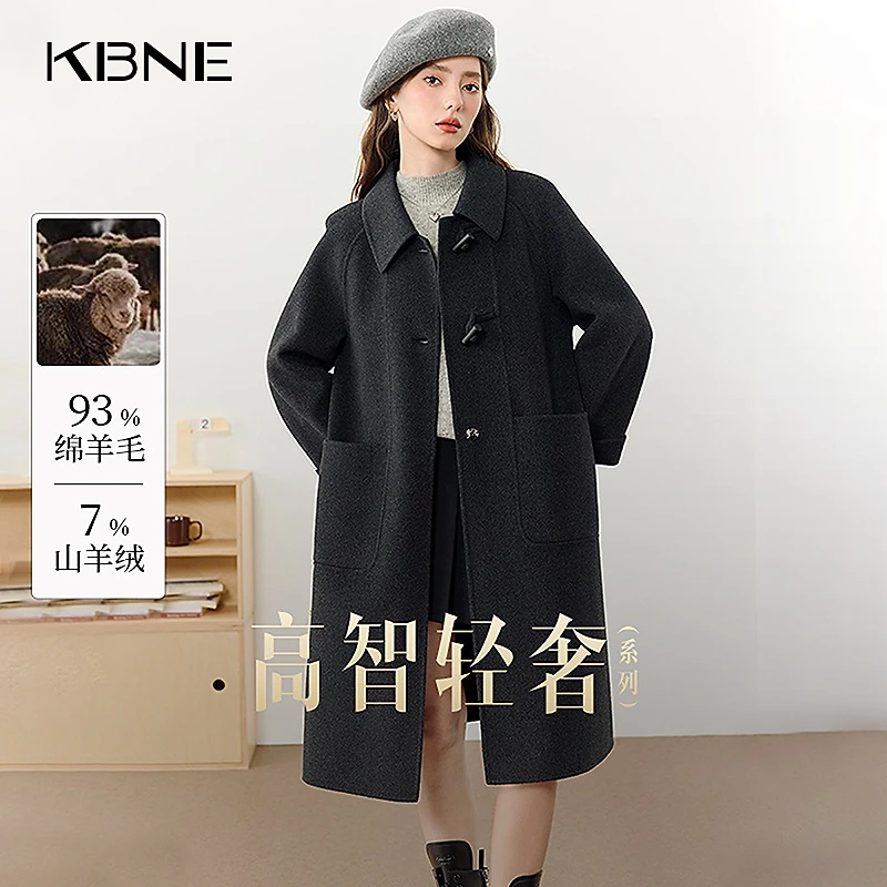 KBNE毛呢大衣外套女款爆款2025新款秋冬赫本风中长款黑色韩系大衣