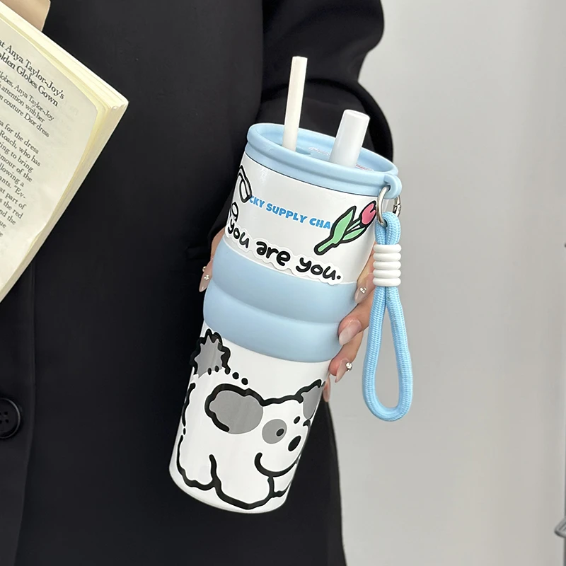 茶迷陶瓷保温杯便携大容量咖啡杯简约学生防尘吸管杯车载冰霸杯