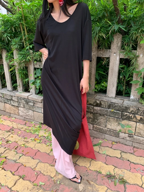 U型领不对称下摆连衣裙#67565