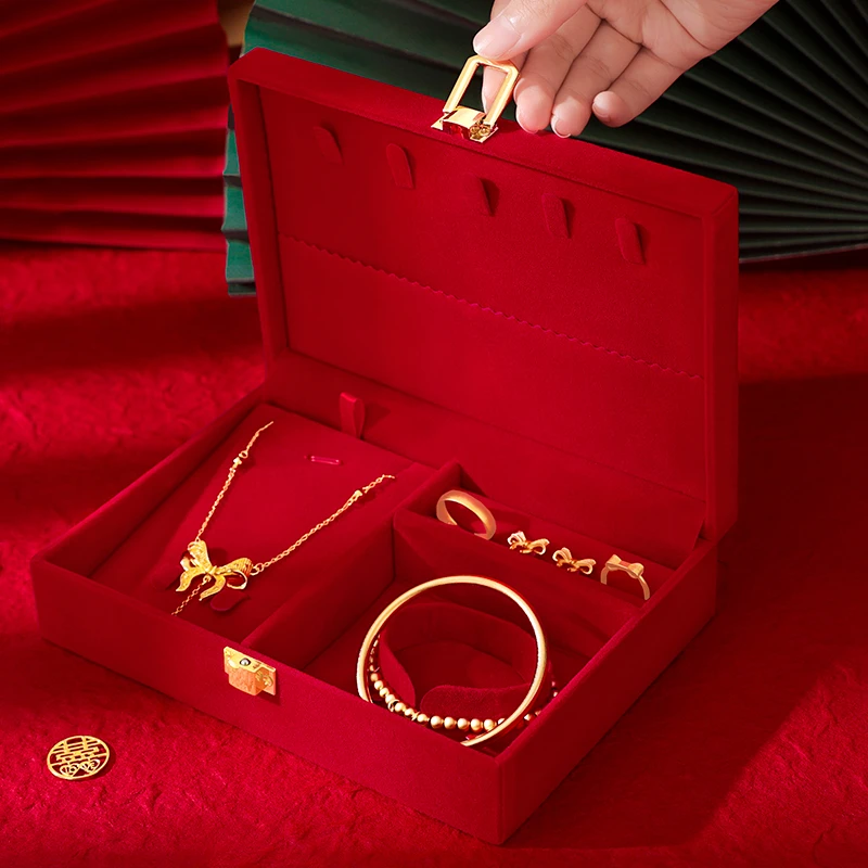 订婚黄金首饰盒婚礼新娘红色戒指项炼手镯收纳盒结婚三金五金盒
