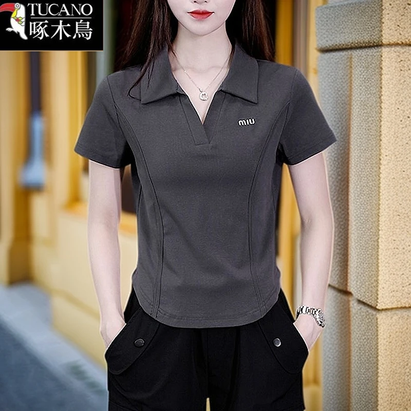 啄木鸟2025年新款气质POLO领T恤夏季薄款刺绣修身显瘦短袖上衣女