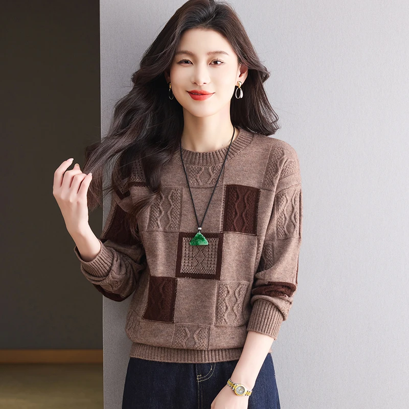 针织女装洋半高领气毛衣格子厚款针织衫不褪色毛针织衫保暖打底衫