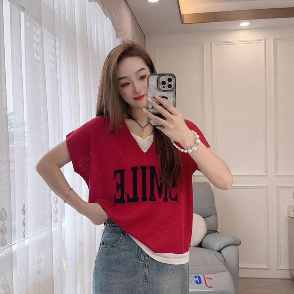 2583现货夏季针织衫套头短袖宽松女装V领字母显瘦时尚百搭上衣