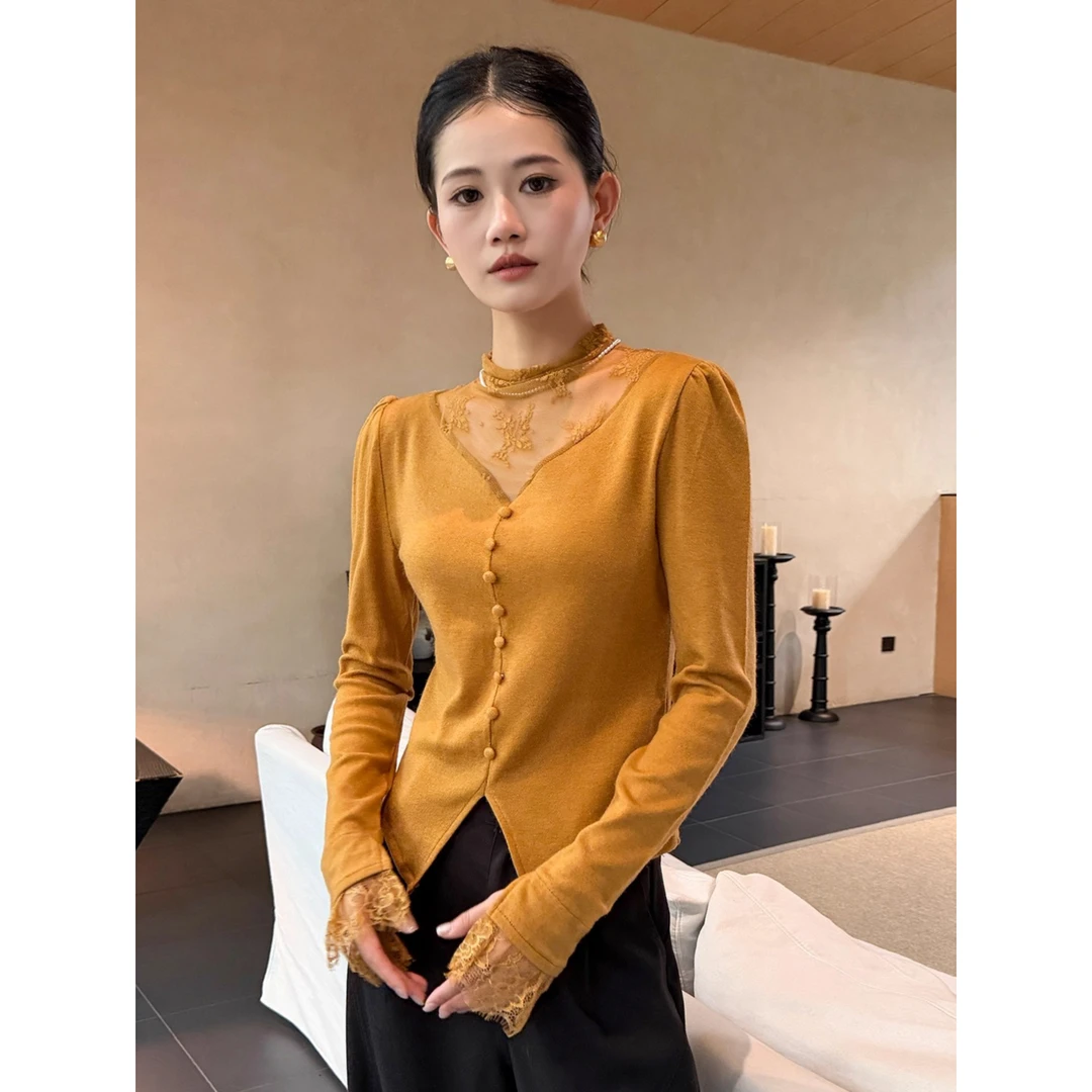 蕾丝拼接磨毛打底衫女2025新款秋冬长袖t恤时尚气质内搭开叉上衣