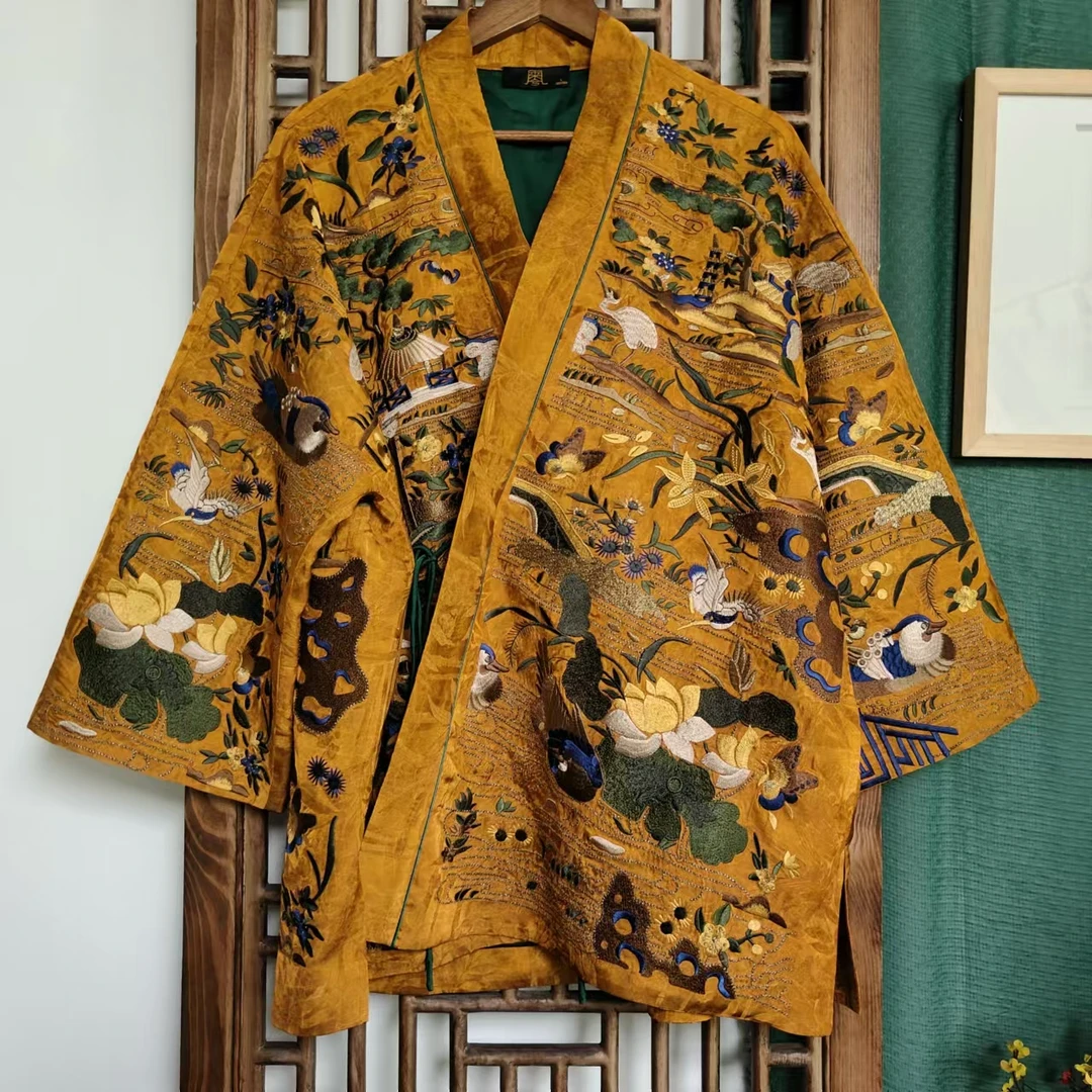 凤徕兮私人定制黄色香香底花鸟刺绣交叉斜襟开衫（LS499）花鸟