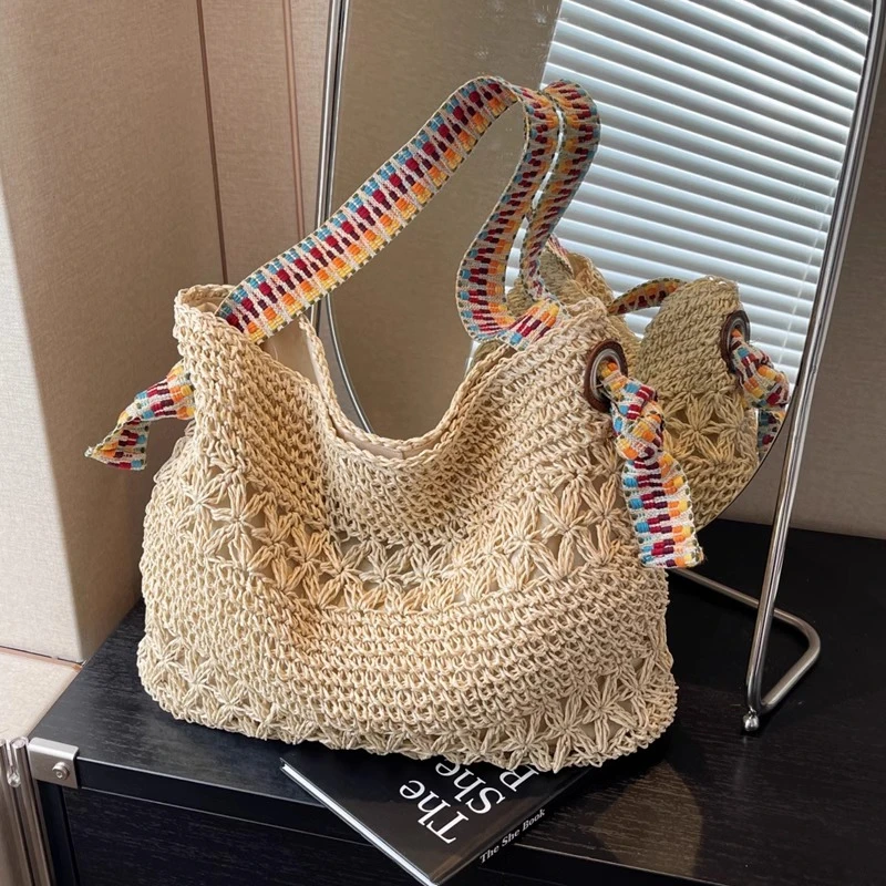 度假风草编包女2025新款夏季流行编织包海边沙滩大容量单肩托特包