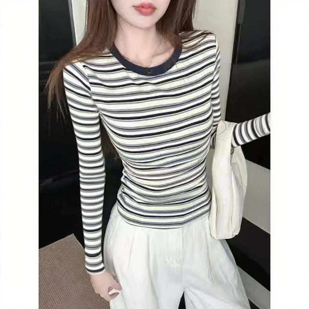修身打底条纹t恤女圆领上衣女装春秋内搭打底衫女装时尚运动外穿