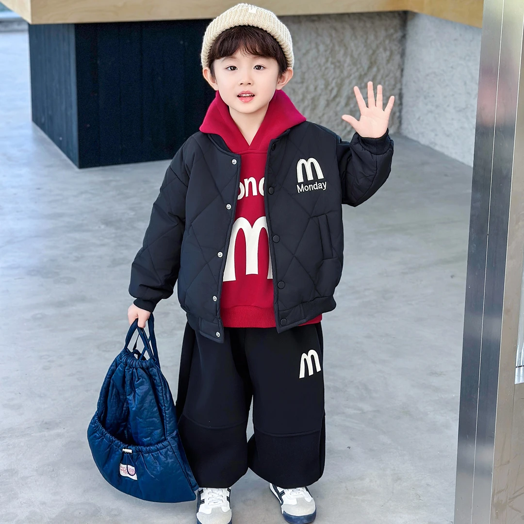 男童秋冬装套装2025新款儿童加绒棉服外套宝宝冬季加厚棉衣三件套