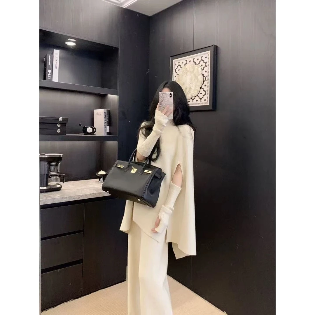 秋冬时尚设计感高端欧货慵懒风高级感蝙蝠衫上衣+袖套+直筒裤三件