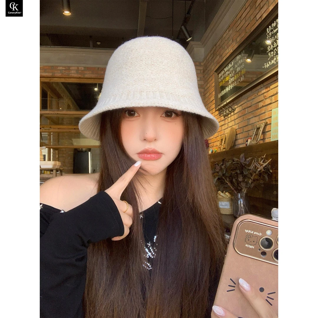 CanaryKiss日系白色针织渔夫帽女秋冬时尚保暖水桶帽子显脸小盆帽