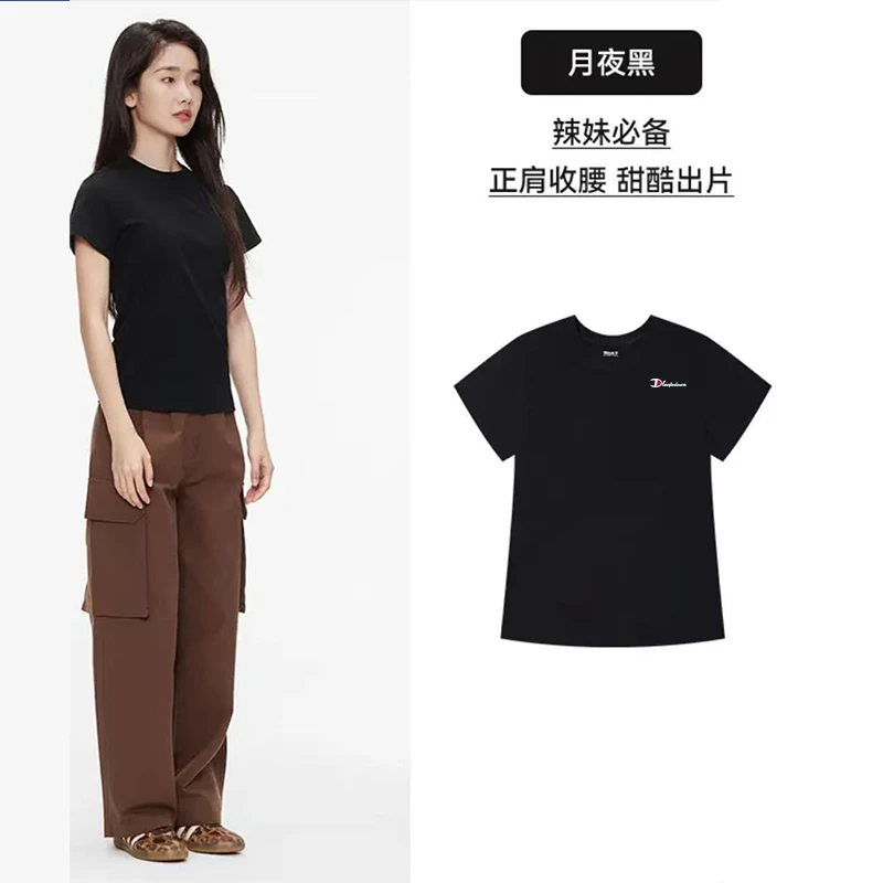 刺绣辣妹情侣T恤收腰圆领简约宽松型运动短袖纯色