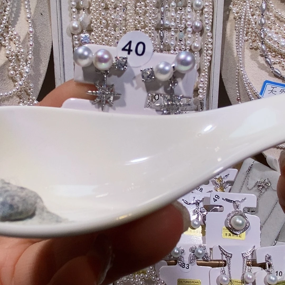 耳饰银S925镶嵌淡水珍珠极光炫彩耳钉