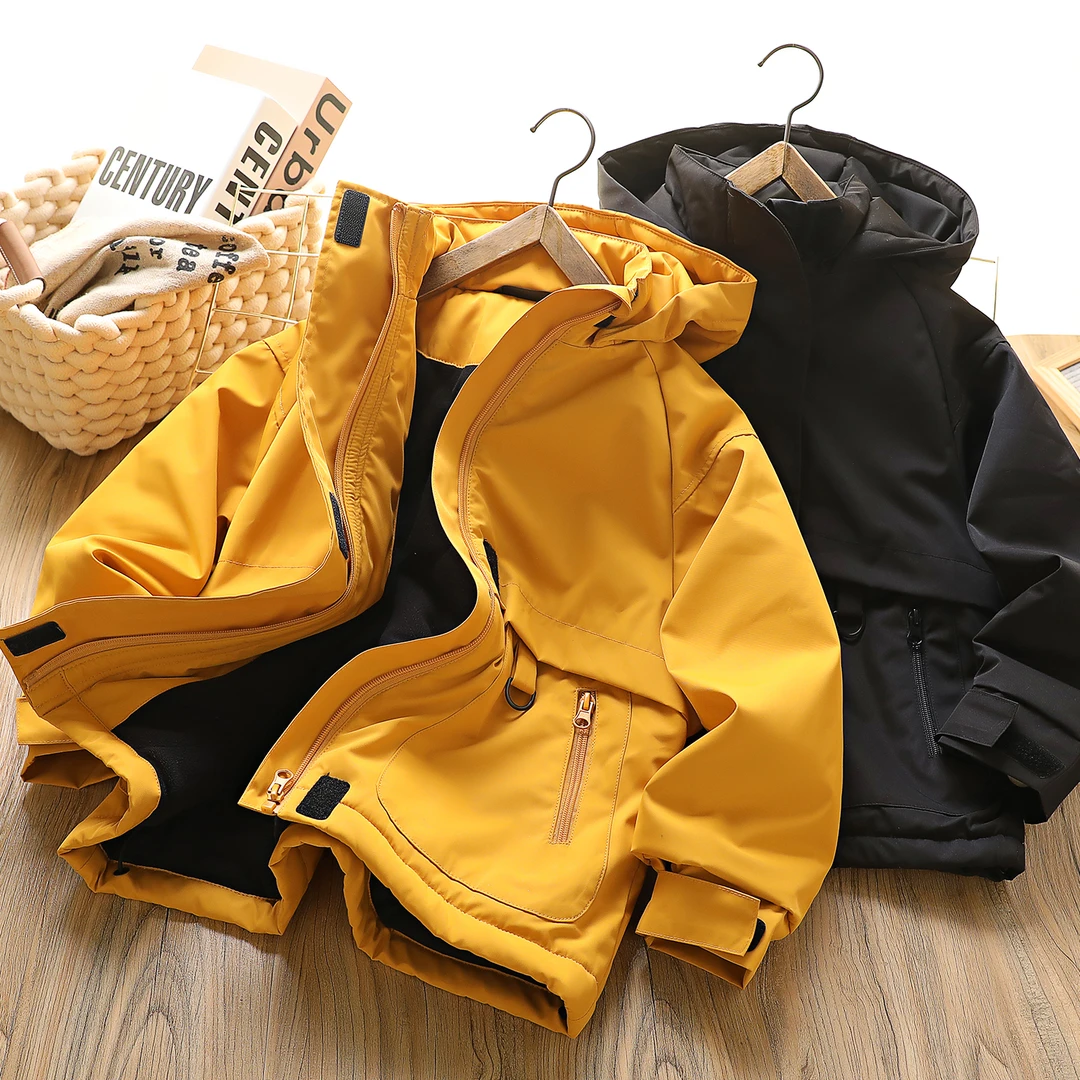 冬季儿童工装口袋拼接连帽加绒冲锋衣外套中大童拉链厚实6623