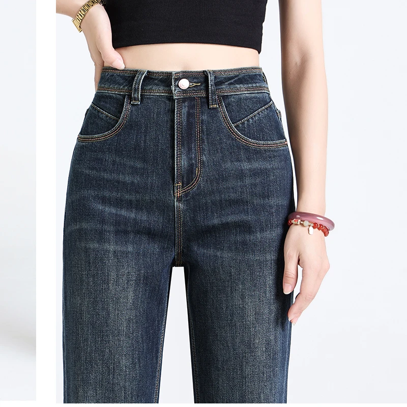716晓晓#单裤三本三针线窄版直筒牛仔裤女高腰弹力显瘦新款