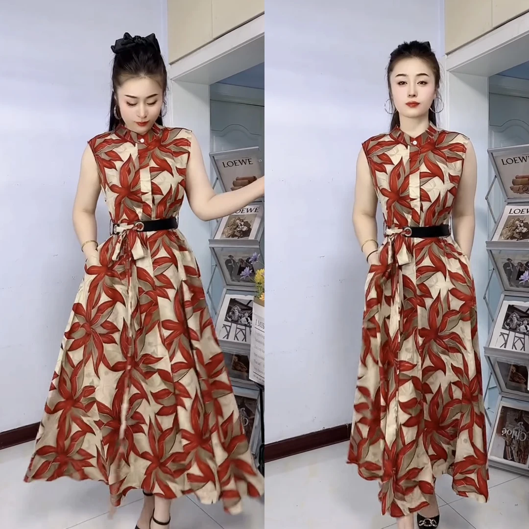 红浪漫气质成熟印花无袖收腰系带显瘦遮肉夏季长款连衣裙