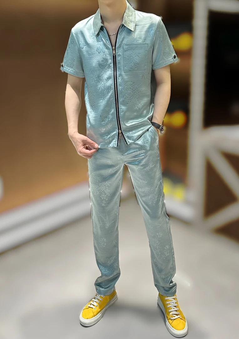 网红 九红同款夏季男士高品质潮流缎面雕花时尚开衫短袖T恤套装