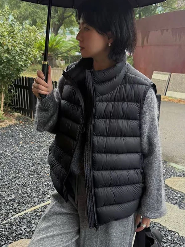 韩版立领排骨羽绒服马甲女2025爆款宽松超好看90白鸭绒短款外套潮