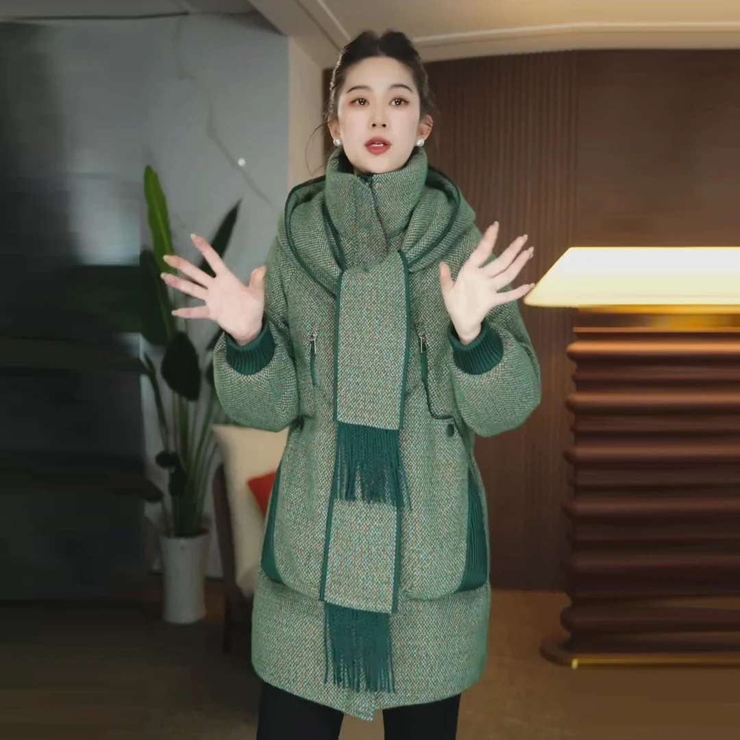 D8189-1多级设计感围巾连帽新款优雅百搭白鸭绒羽绒服