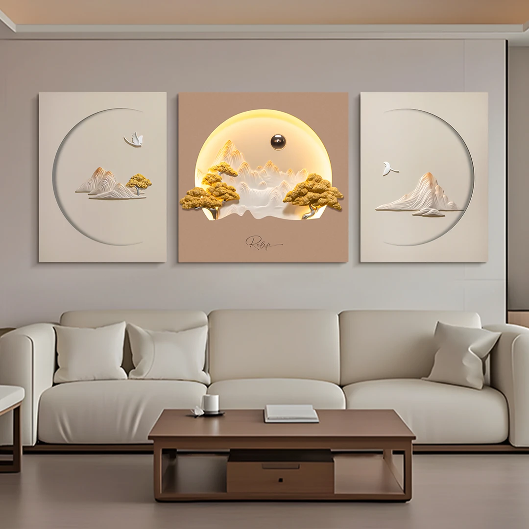 RELIFE/福雕家饰（山岳同辉）3D立体浮雕带灯沙发背景装饰画三联画