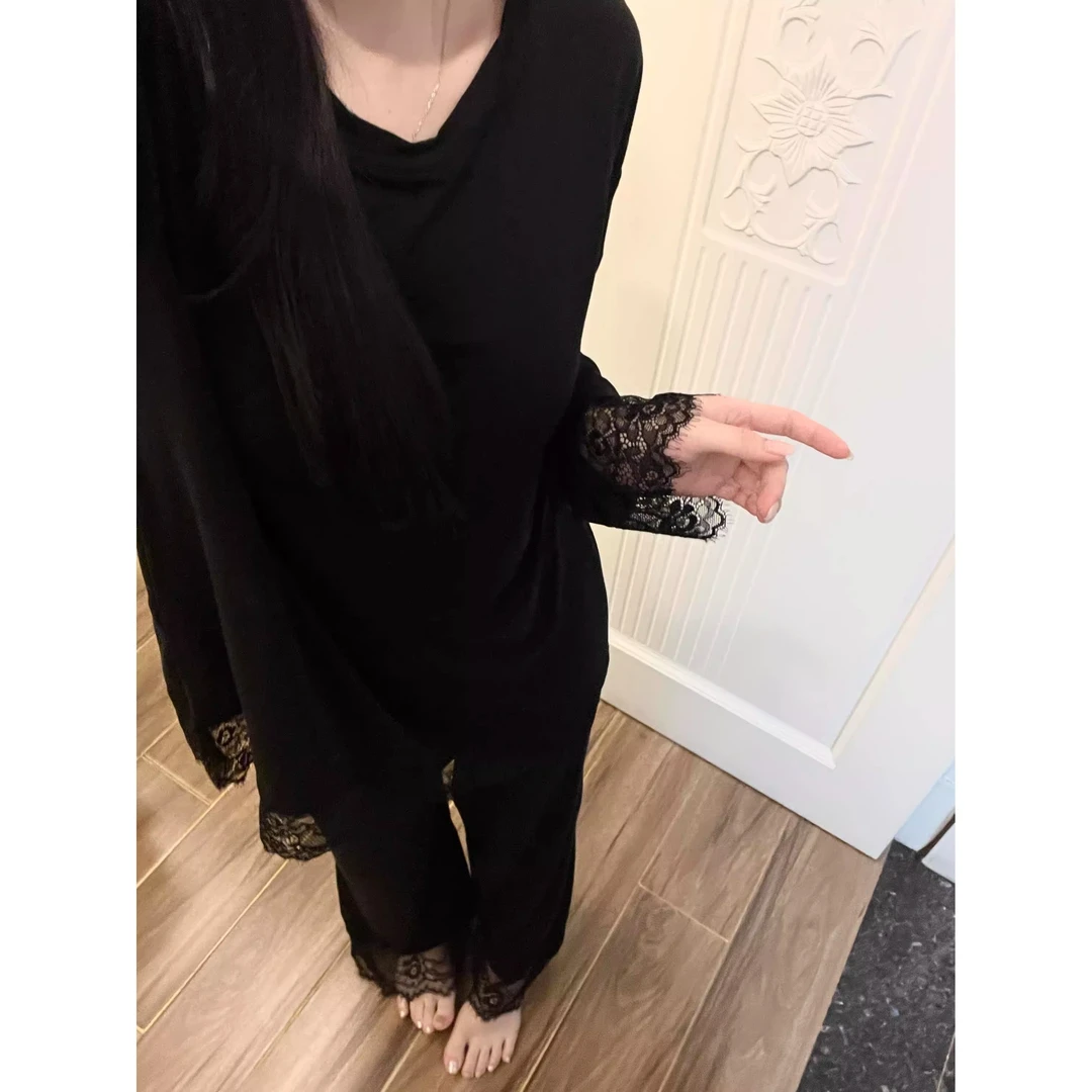 高级黑色蕾丝花边长袖睡衣女春夏季新款时尚休闲家居服套装可外穿