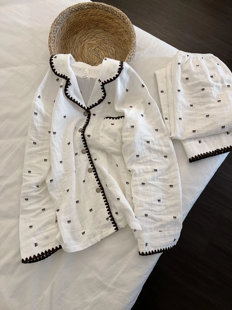 卡通软萌小熊花边小翻领薄款睡衣女秋新款长袖长裤家居服套装外穿