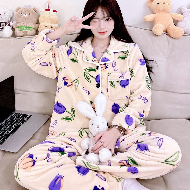睡衣女秋冬保暖家居服套装冬季加厚珊瑚绒家居服套装