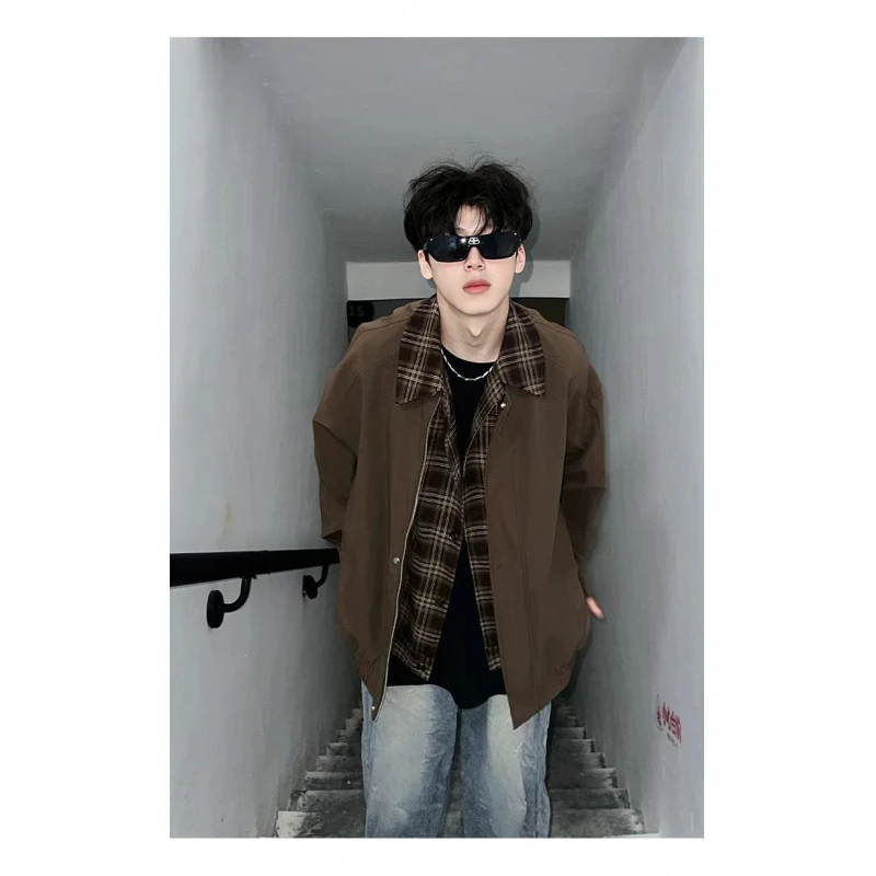 时尚拼接假两件格子加棉夹克复古痞帅休闲百搭ins港风防风外套潮