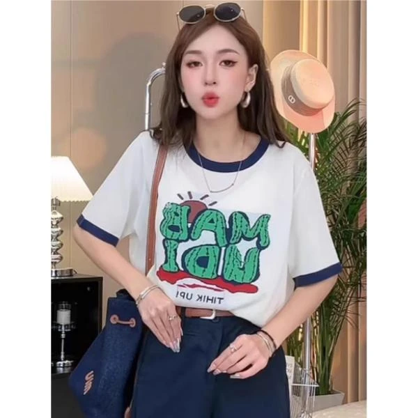 短袖冰丝针织T恤女夏2025新款字母印花小衫减龄撞色时尚百搭上衣