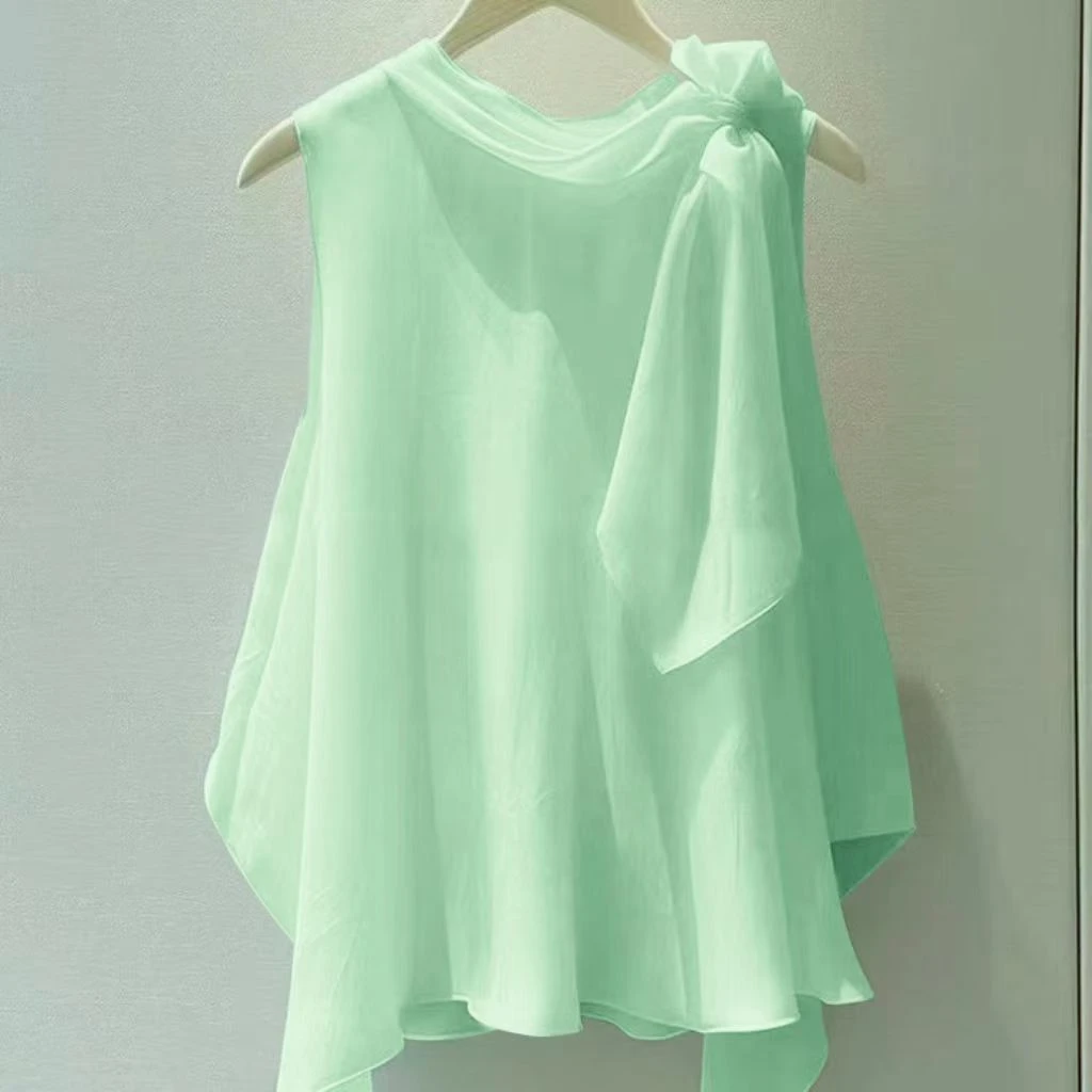 独特漂亮洋气高端别致小衫法式小上衣绿色无袖衬衫2025新款女夏季