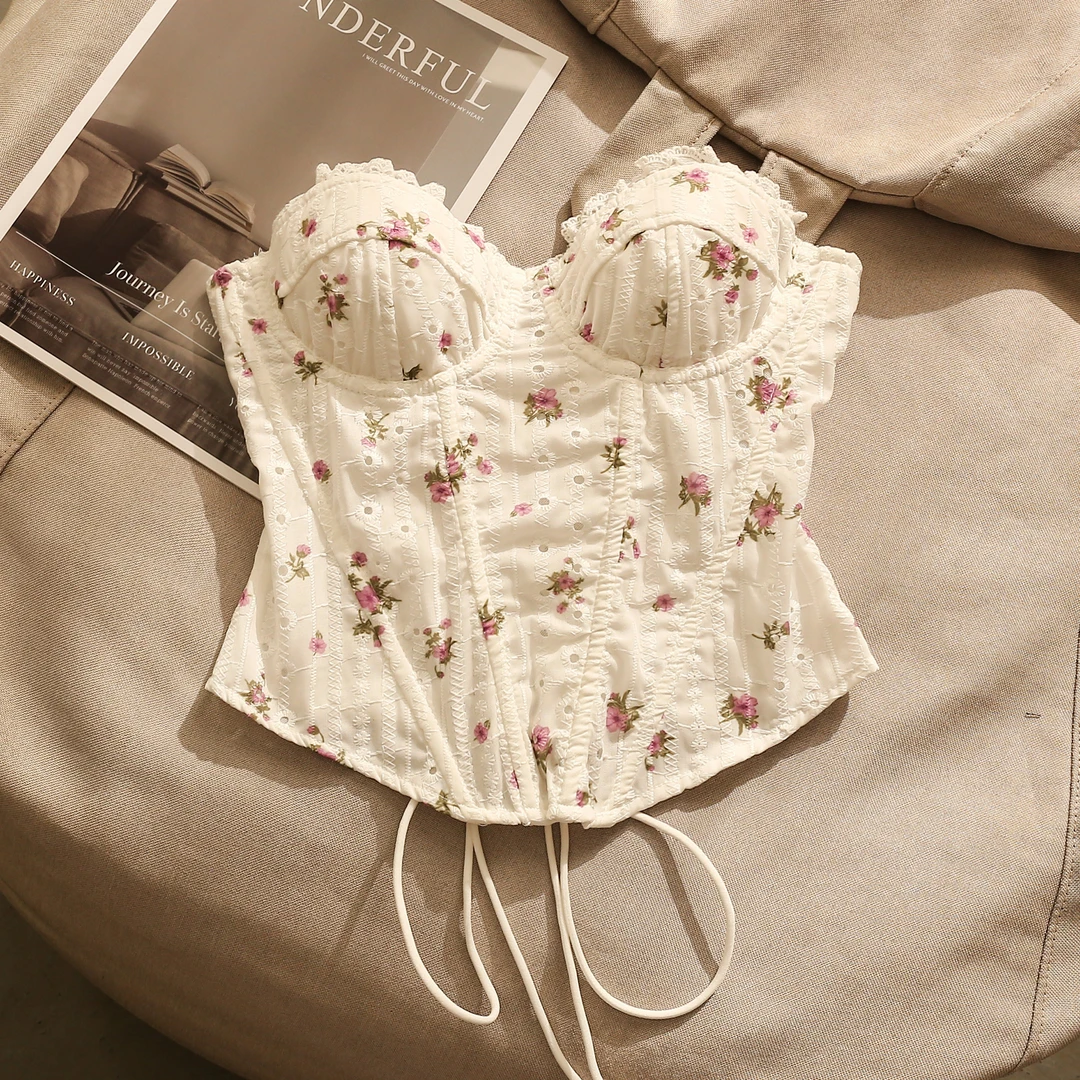 超好看碎花刺绣鱼骨抹胸吊带背心女夏高级感绑带修身束腰美背上衣