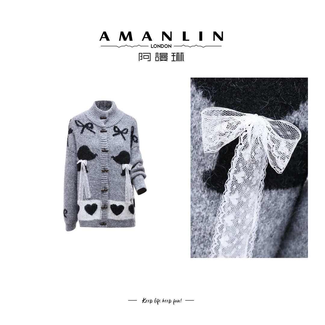 【AMANLIN】冬季立领显瘦蝴蝶结百搭针织开衫上衣洋气时尚F595035