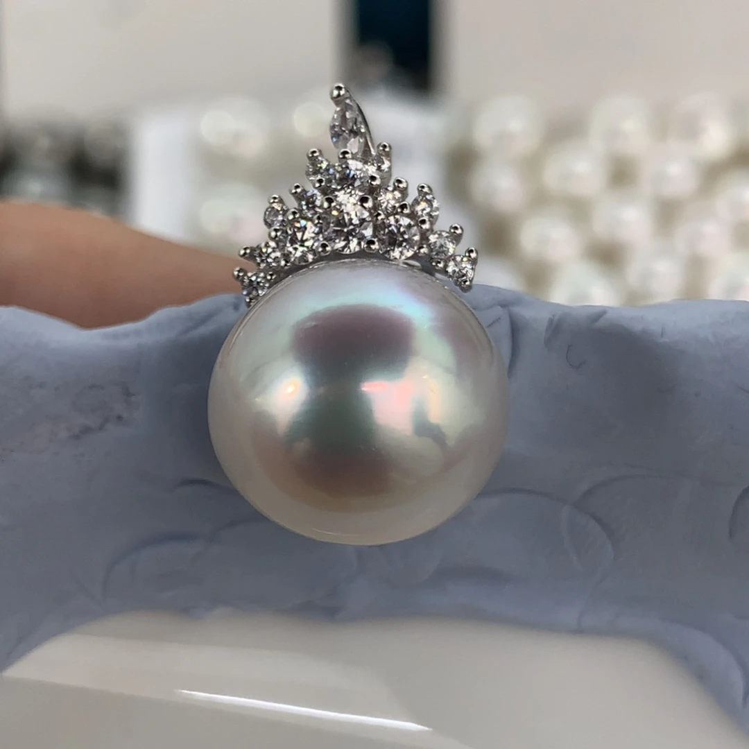 定制海水珍珠银S925镶嵌吊坠(不含链)澳白宝石光13.3mm