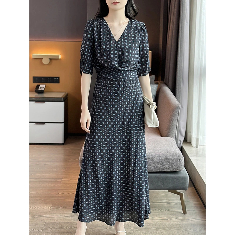 左左家 优雅法式美人~V领复古印花系带显瘦真丝连衣裙桑蚕丝长裙