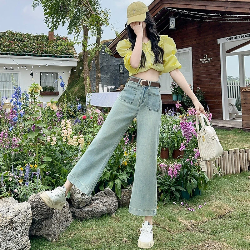 浅色高腰微喇牛仔裤女显瘦设计感九分喇叭裤小个子薄款