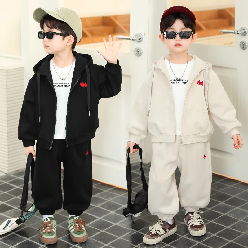男童秋季新款韩版时尚休闲洋气连帽刺绣套装儿童中小童春秋款套装