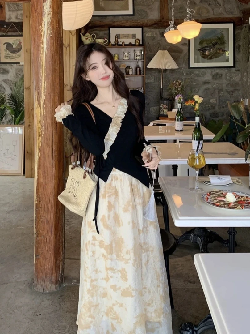 3i14-1078新中式时尚套装女不规则花边长袖上衣印花半身裙