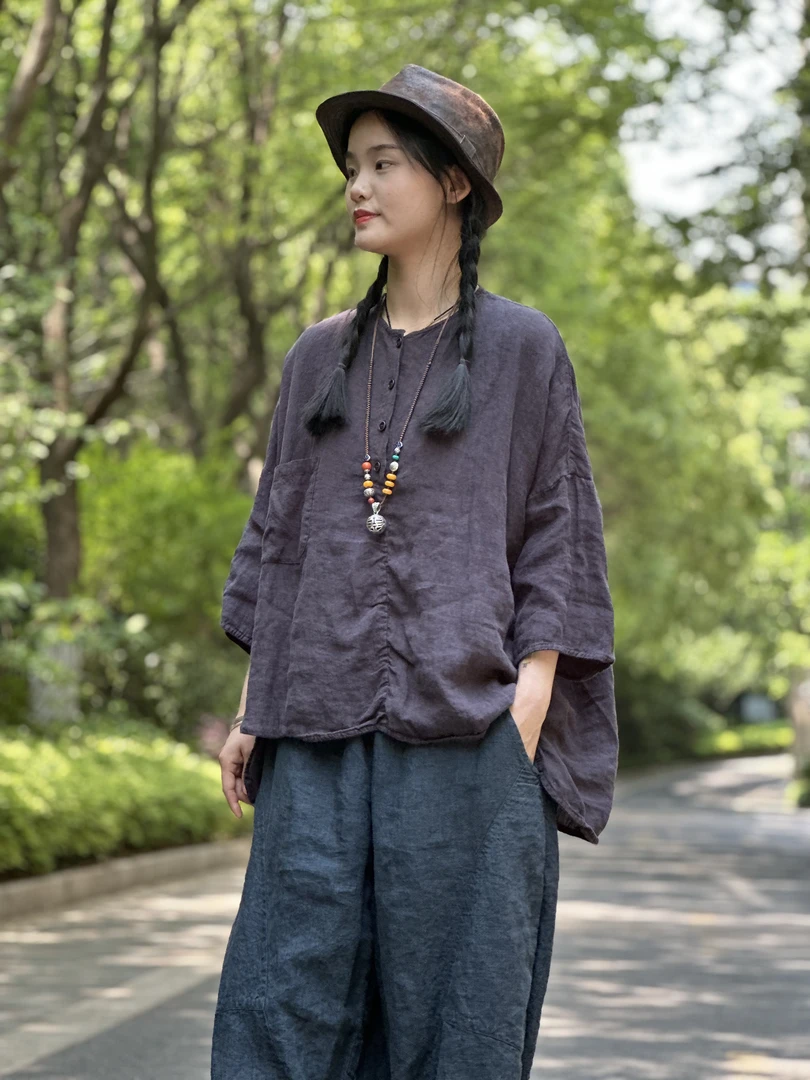 昔玙240002水洗宽松舒适休闲亚麻短袖 前长64后长72胸围140