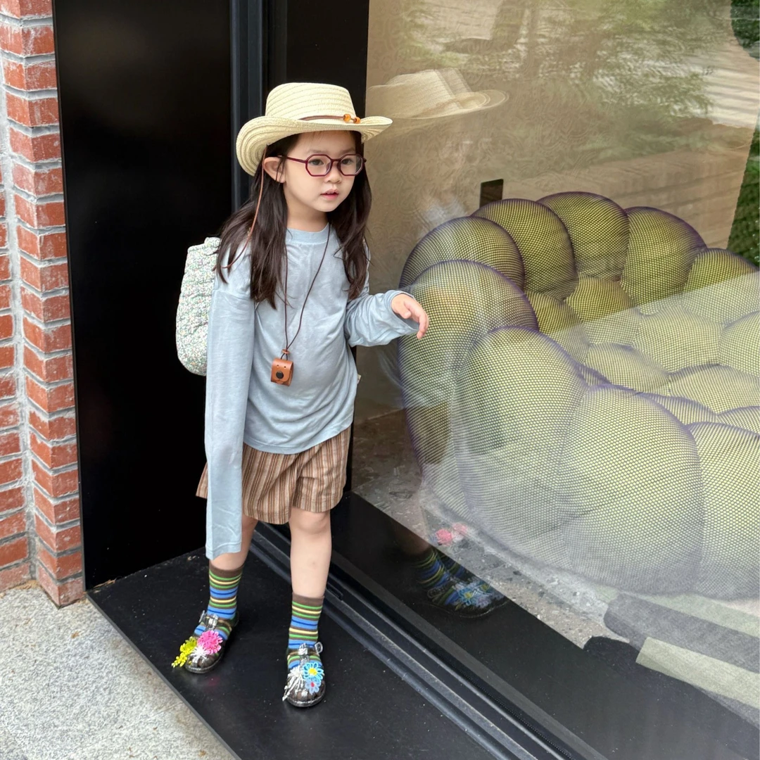 《现货》女童2025夏季休闲慵懒风圆领长袖上衣韩版宽松条纹短裤套装
