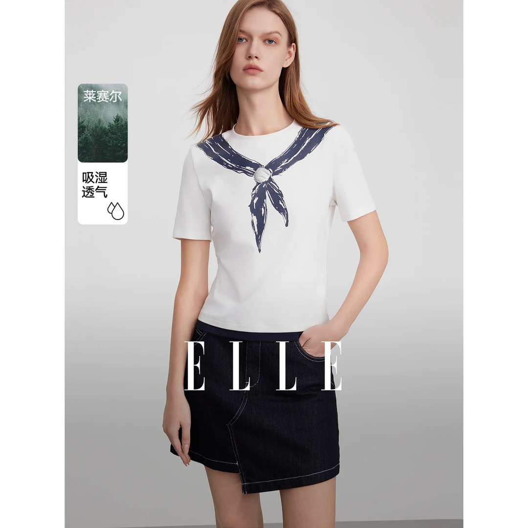 【黄蓉推荐】ELLE航海学院风印花短袖女25夏撞色设计感时髦ET51766