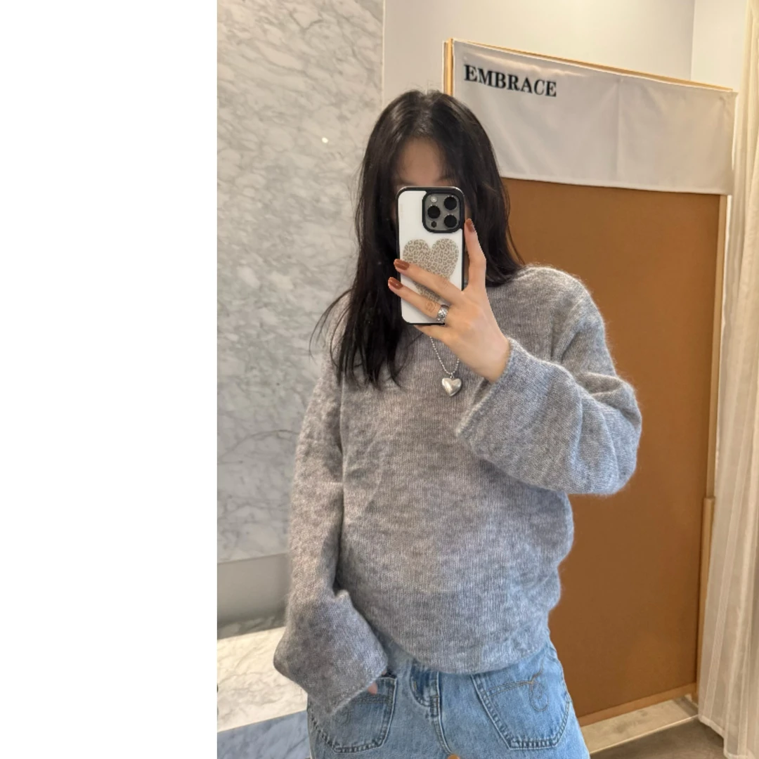 embrace薄款灰色圆领毛衣羊毛马海毛
