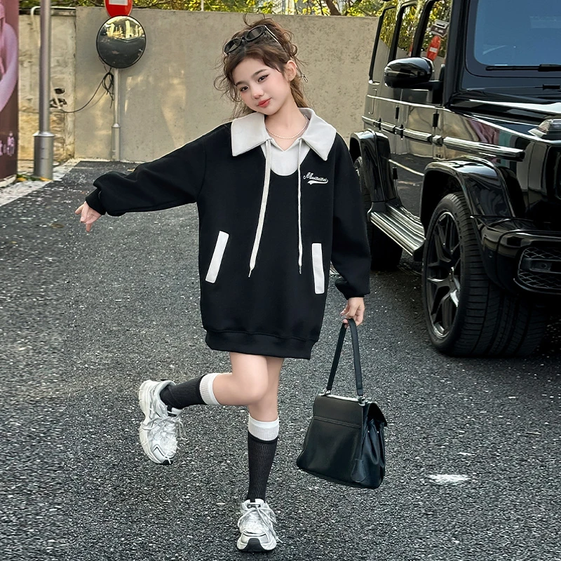 女童学院风卫衣裙春秋款2025新款女大童中长款长袖衫儿童休闲春装