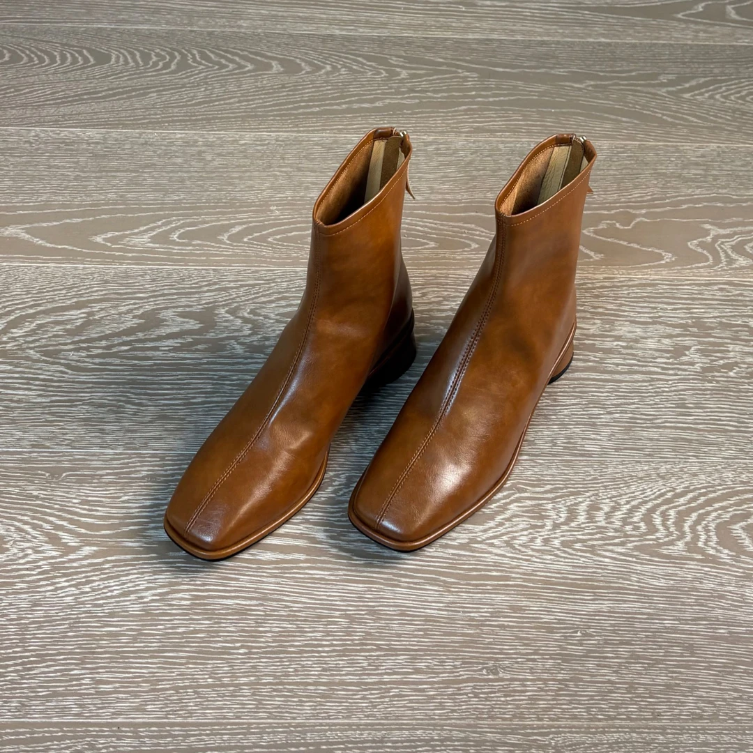 4CM二层牛皮中跟方头弹力英伦风冬季马丁靴法式方头瘦瘦靴靴子女