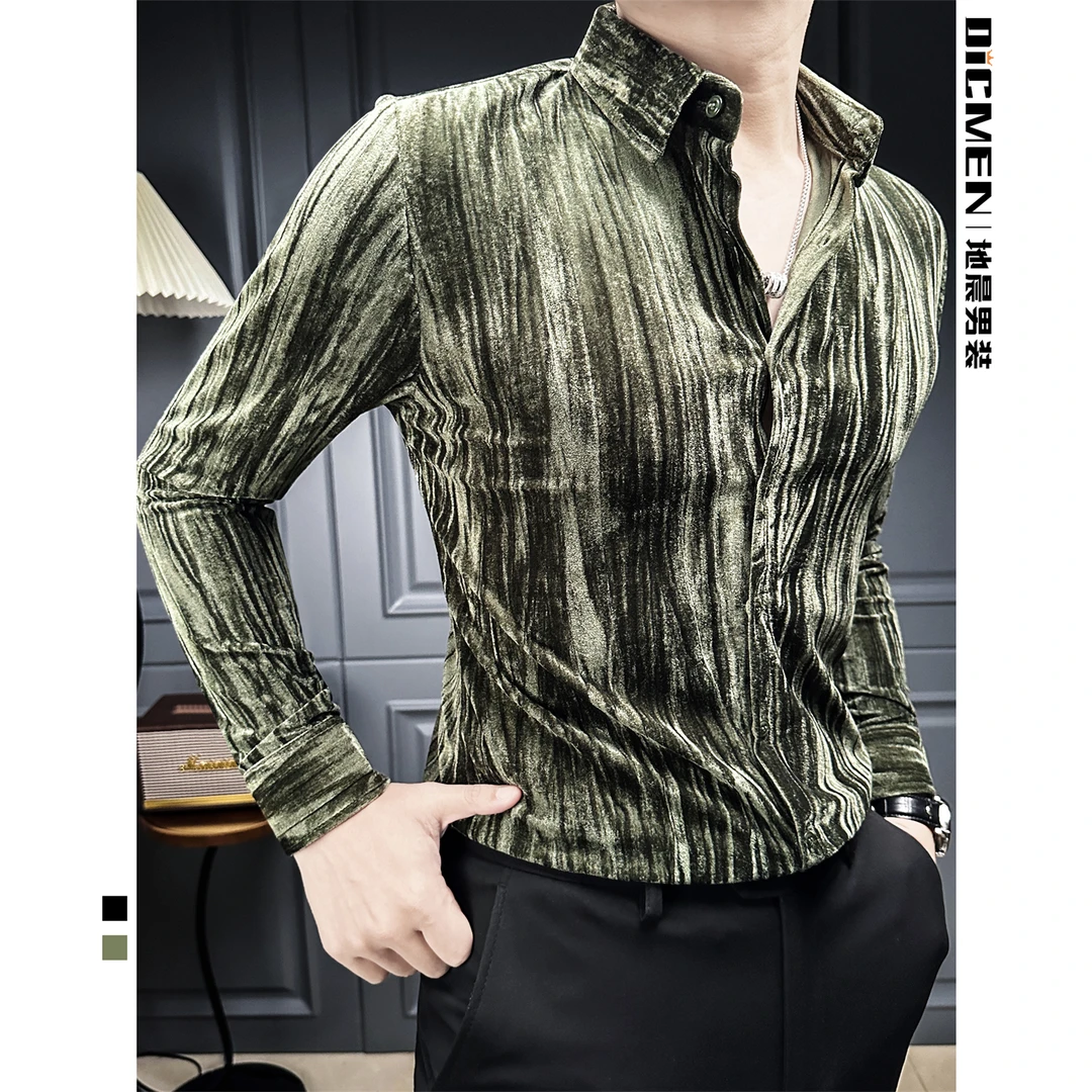 暗褶丝绒衬衫男款长袖上衣痞帅潮流保暖休闲男装高端衬衣男士商务