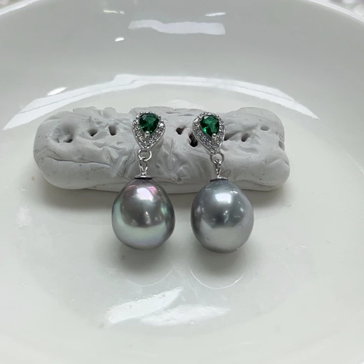 银S925镶嵌耳饰海水珍珠大溪地铂金灰10-11m 41号