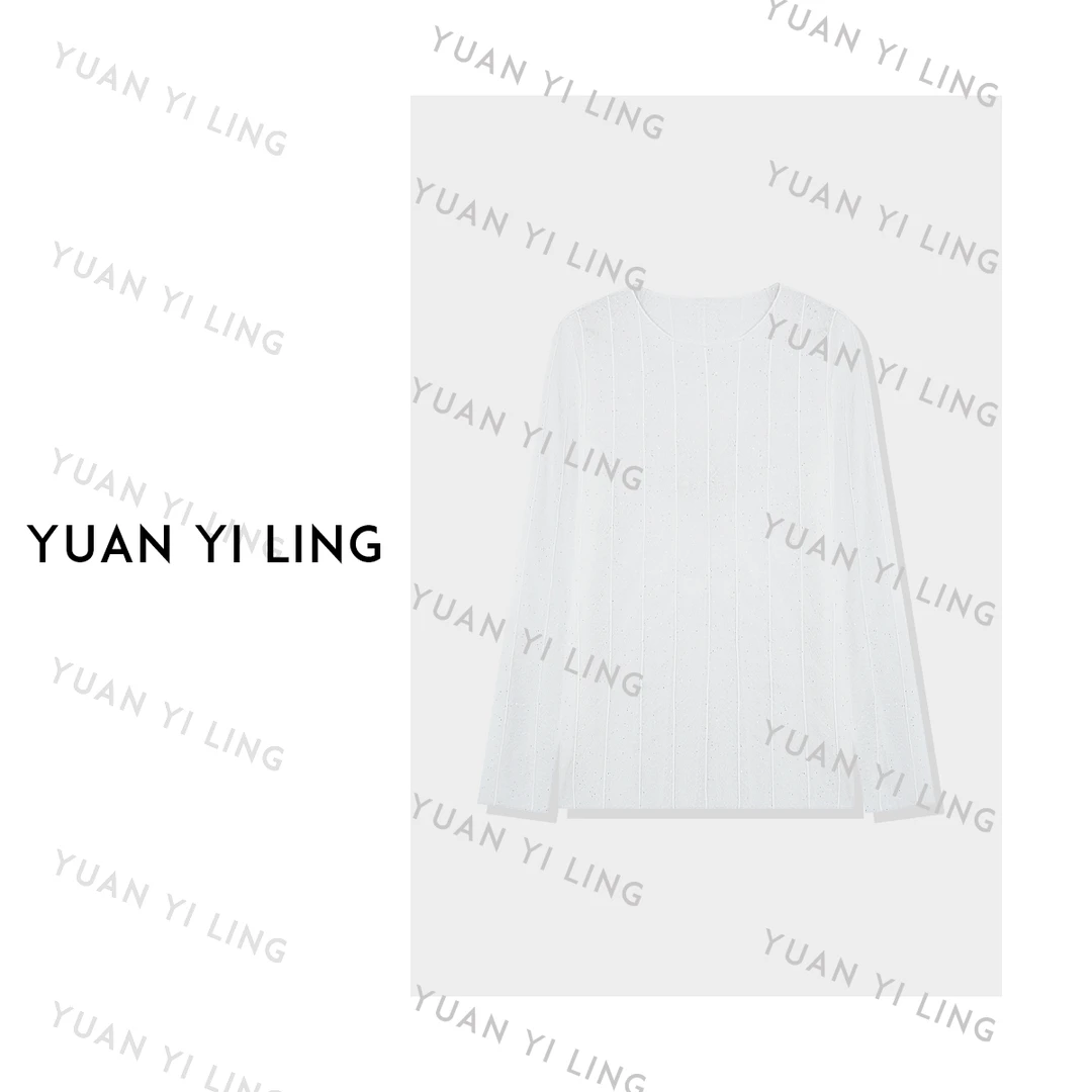 袁艺灵【博主氛围】25秋冬圆领条纹亮片显瘦长袖修身打底T恤衫2079
