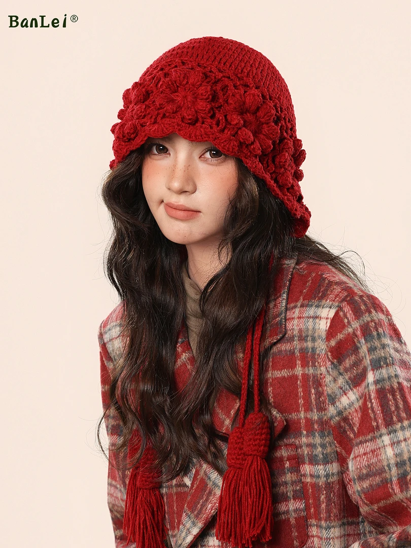 新款红色镂空针织帽子女秋冬显脸小包头冷帽民族风流苏手工毛线帽