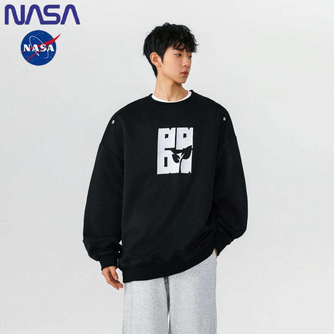 nasawassup爆款时尚潮流印花男士长袖运动休闲圆领宽松刺绣加绒