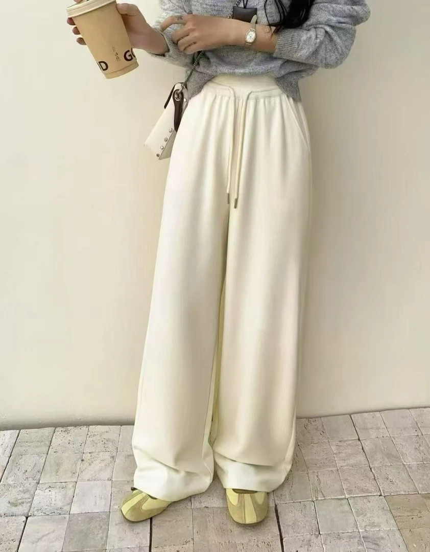 9226番外秋冬季新款时尚撞色百搭加绒抽绳拖地显瘦窄版休闲裤女