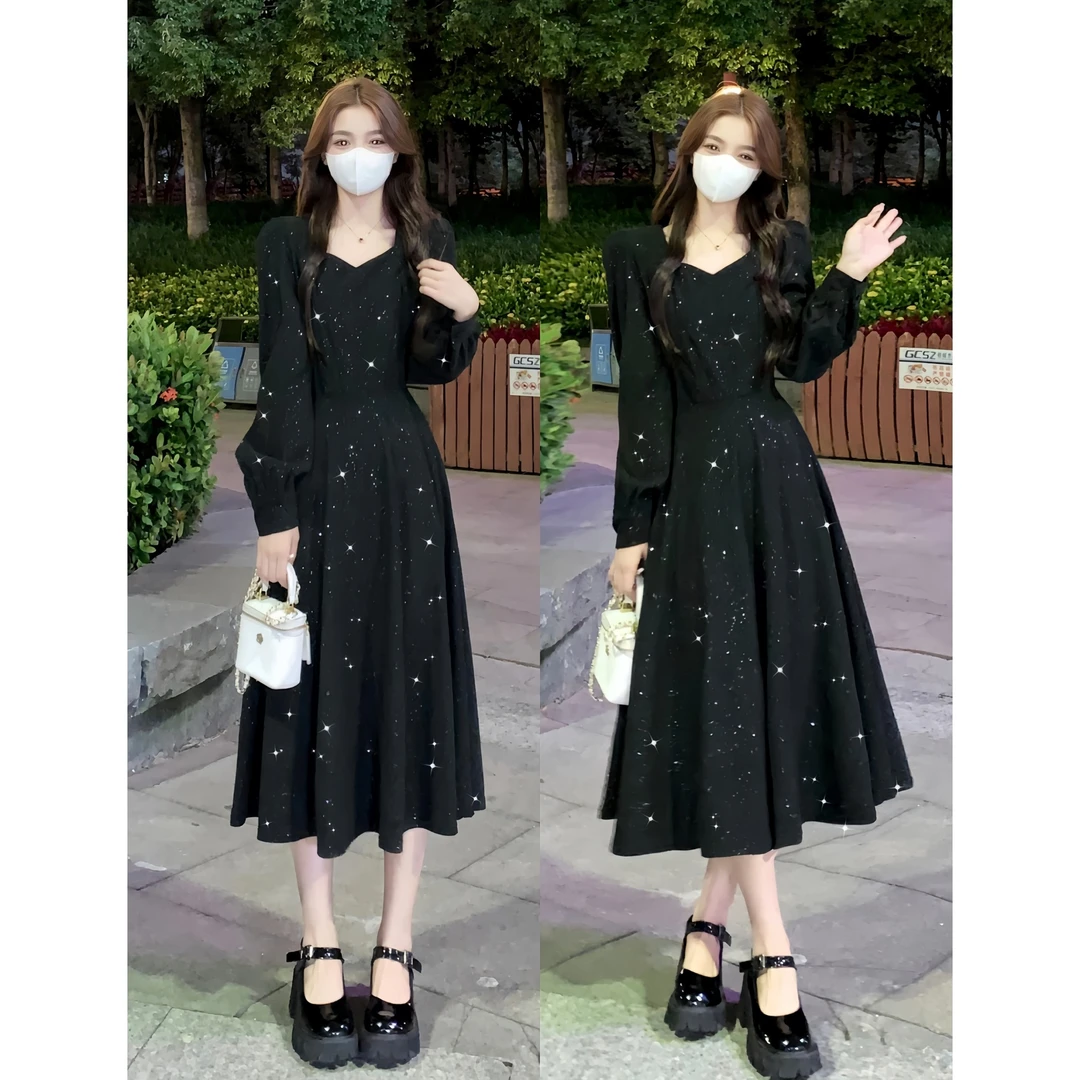 2025年秋季新款晚宴主角复古气质闪闪烫金中长灯芯绒高级感黑裙