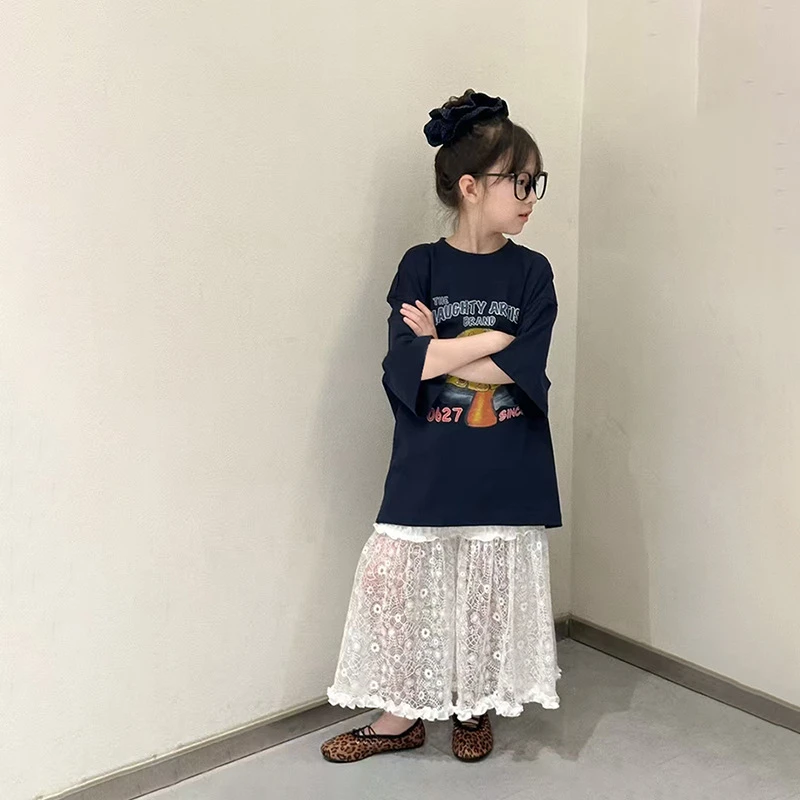 【安安家】女童夏季新韩版字母印花T恤网纱花边半身裙两件套R25312